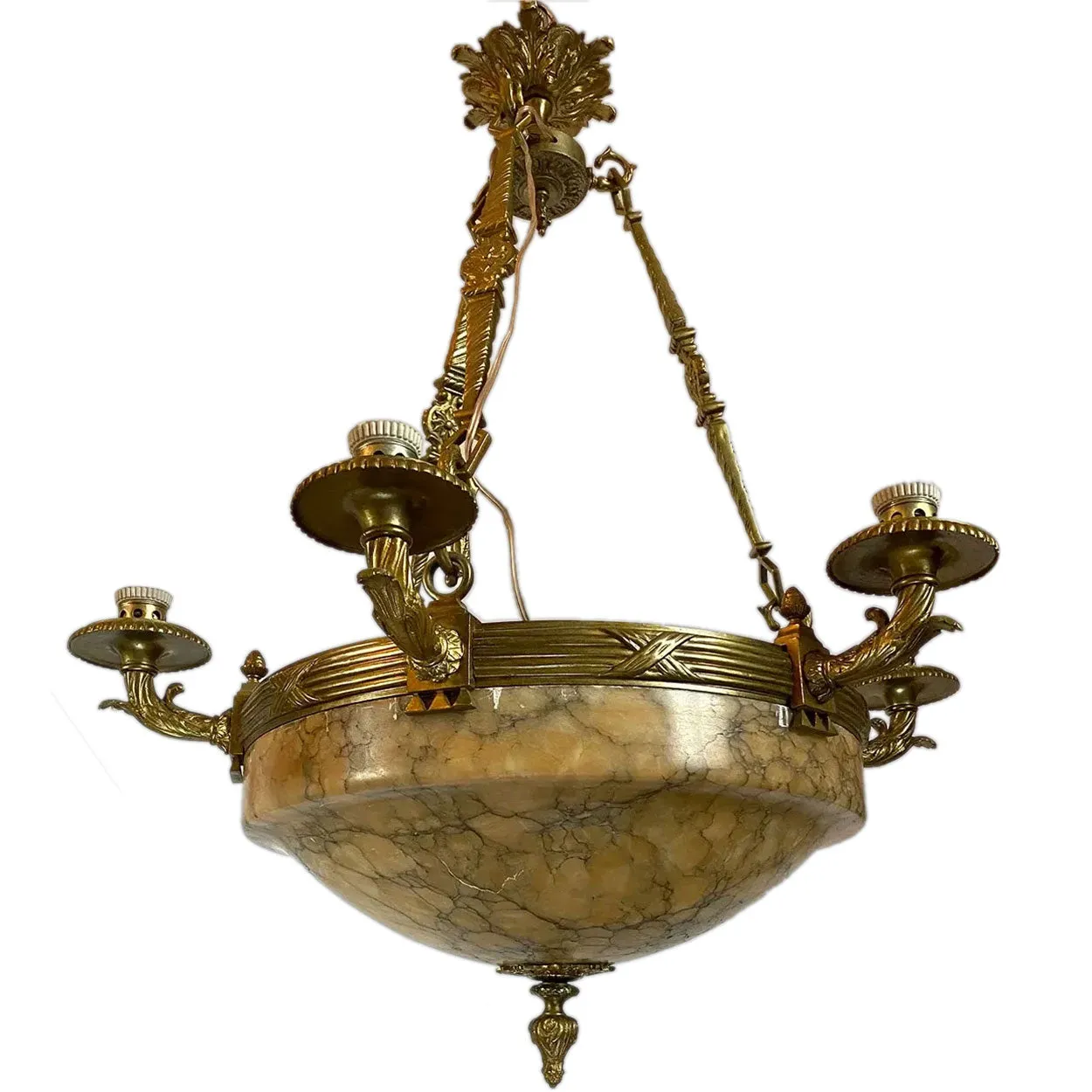 Vintage Argentine Gilt Brass and Alabaster Eight-Light Chandelier