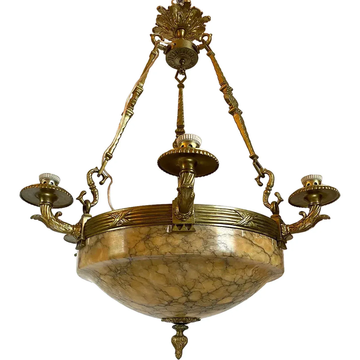 Vintage Argentine Gilt Brass and Alabaster Eight-Light Chandelier