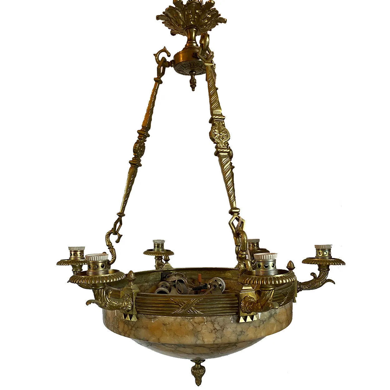 Vintage Argentine Gilt Brass and Alabaster Eight-Light Chandelier
