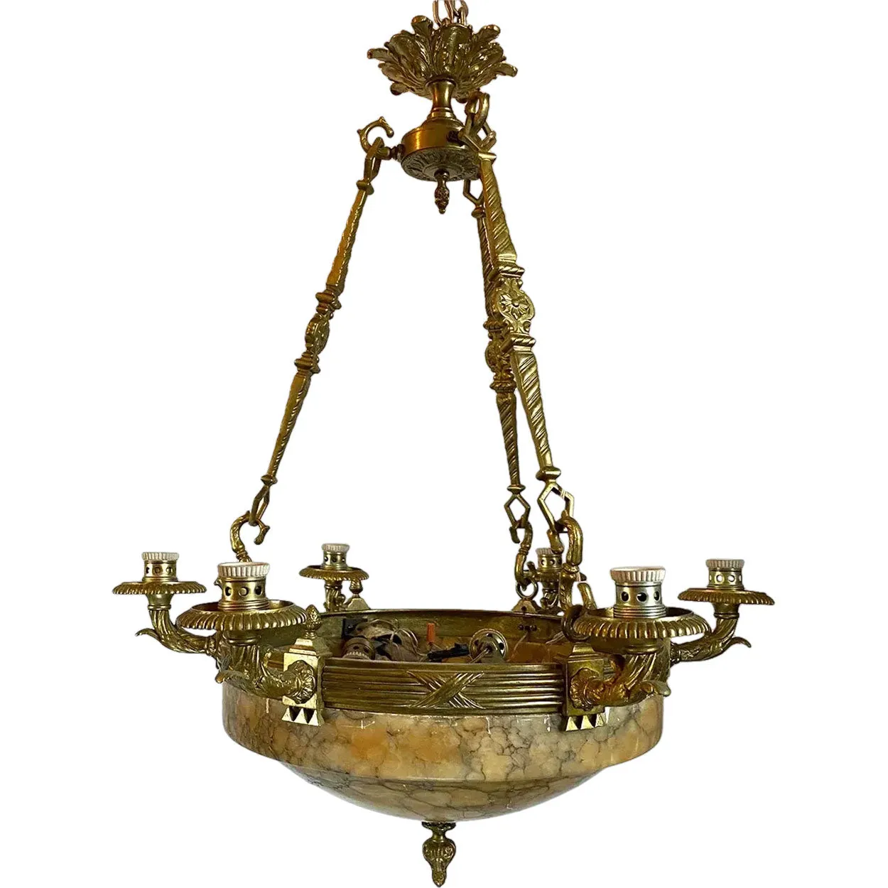 Vintage Argentine Gilt Brass and Alabaster Eight-Light Chandelier