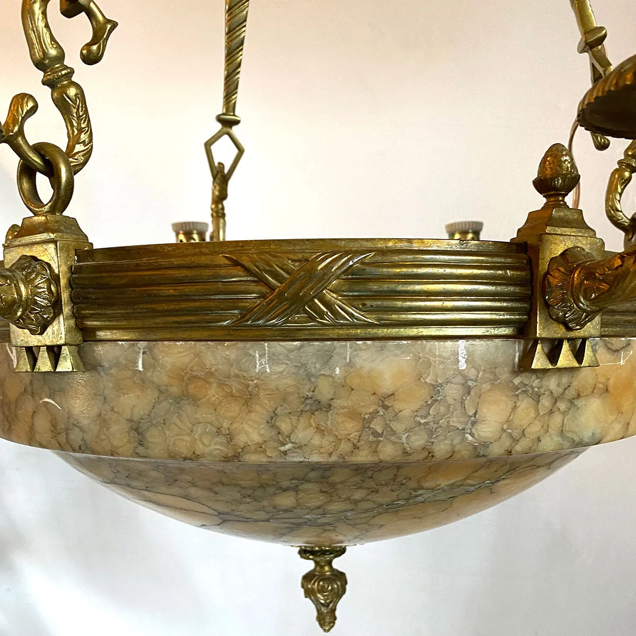 Vintage Argentine Gilt Brass and Alabaster Eight-Light Chandelier