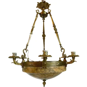 Vintage Argentine Gilt Brass and Alabaster Eight-Light Chandelier