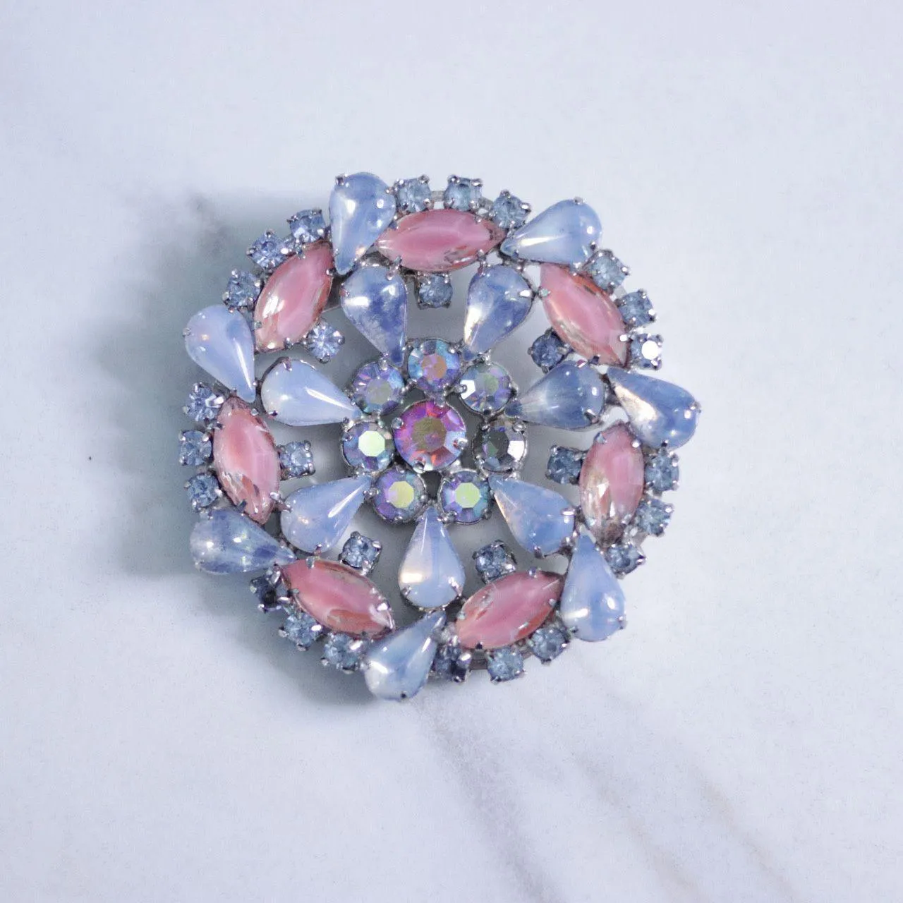 Vintage Blue and Pink Givre Rhinestone Round Medallion Brooch