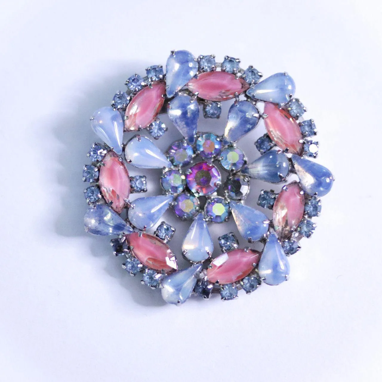 Vintage Blue and Pink Givre Rhinestone Round Medallion Brooch