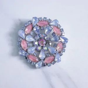 Vintage Blue and Pink Givre Rhinestone Round Medallion Brooch