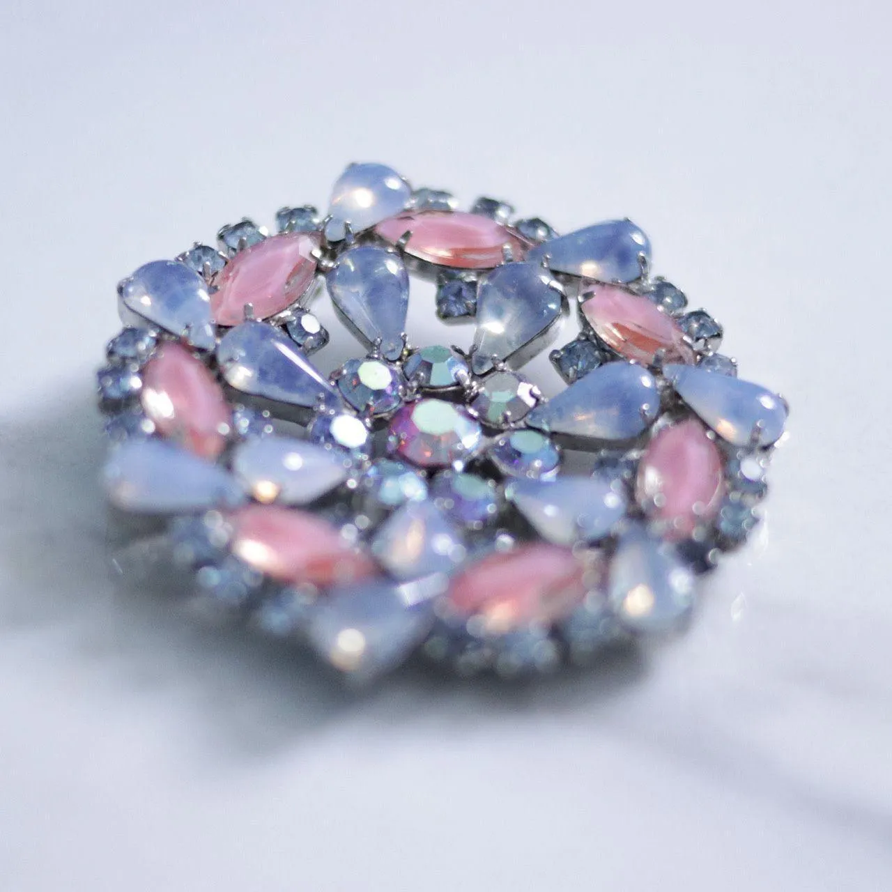 Vintage Blue and Pink Givre Rhinestone Round Medallion Brooch