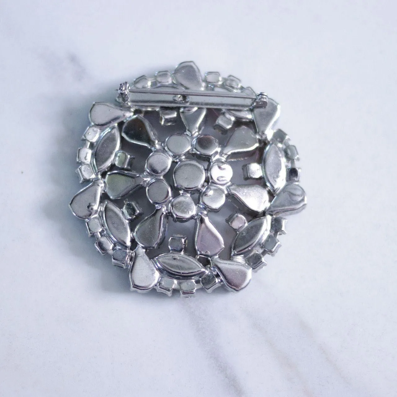 Vintage Blue and Pink Givre Rhinestone Round Medallion Brooch