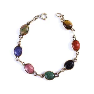 Vintage Carnelian, Tigers Eye, Jade, Lapis, Agate Scarab Bracelet