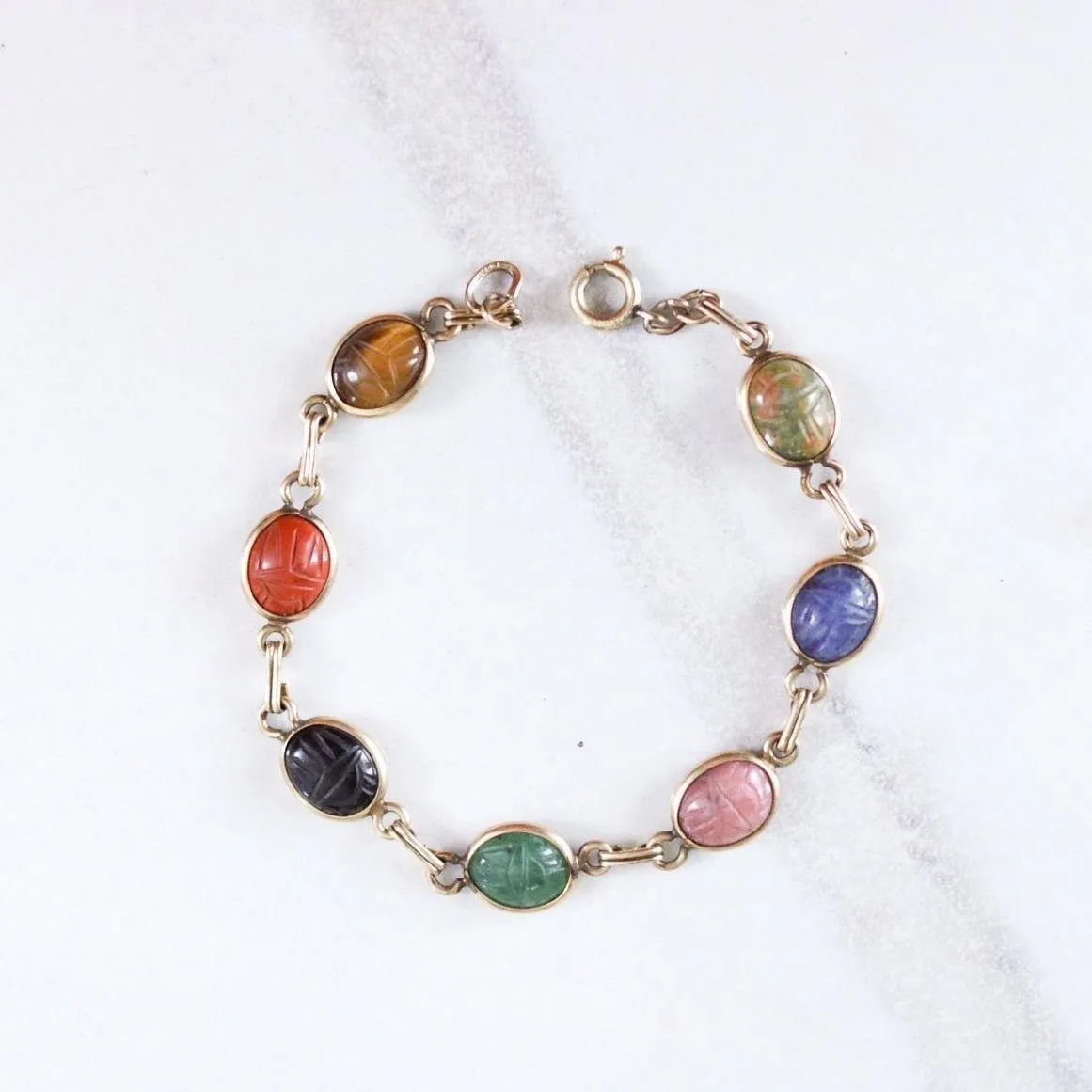 Vintage Carnelian, Tigers Eye, Jade, Lapis, Agate Scarab Bracelet