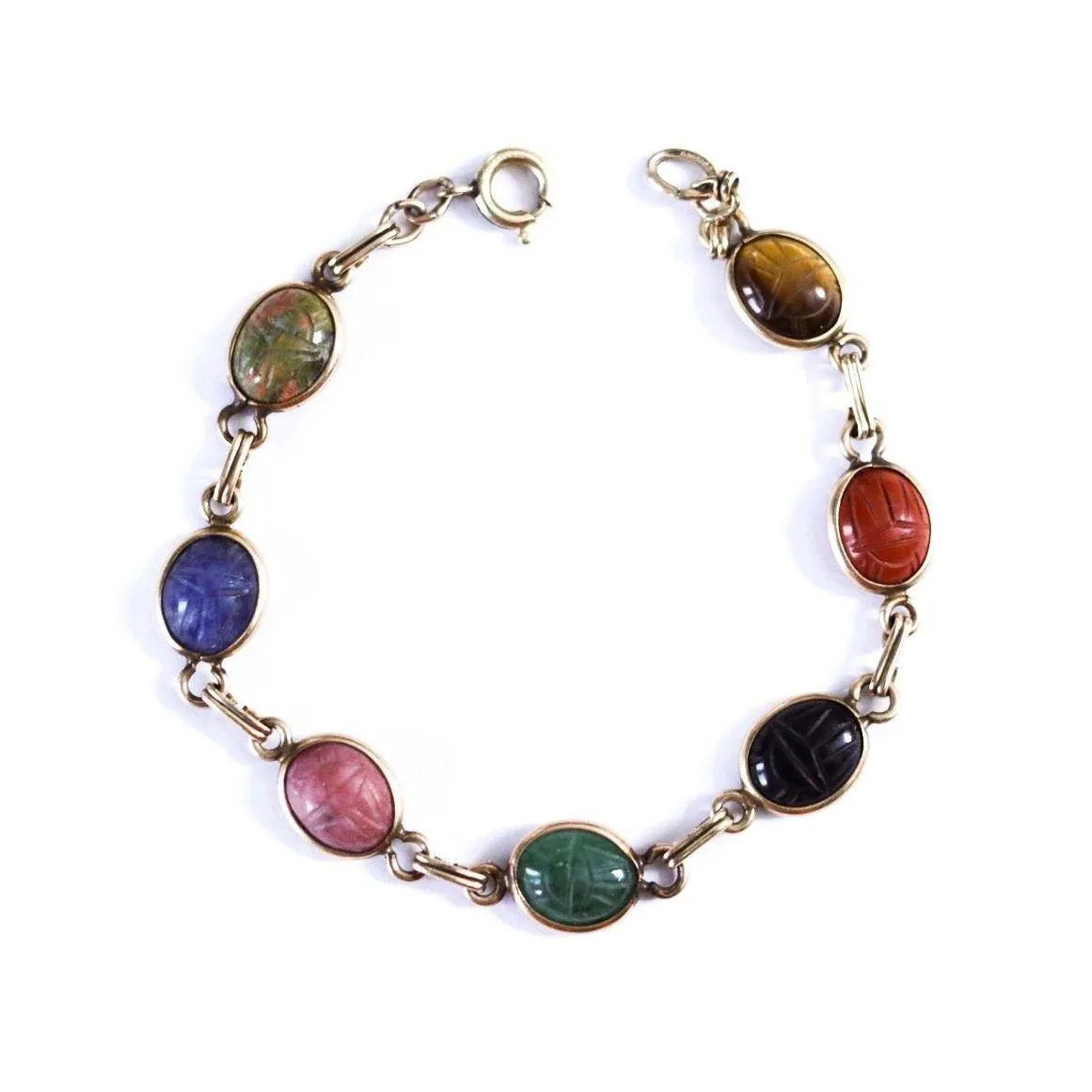 Vintage Carnelian, Tigers Eye, Jade, Lapis, Agate Scarab Bracelet