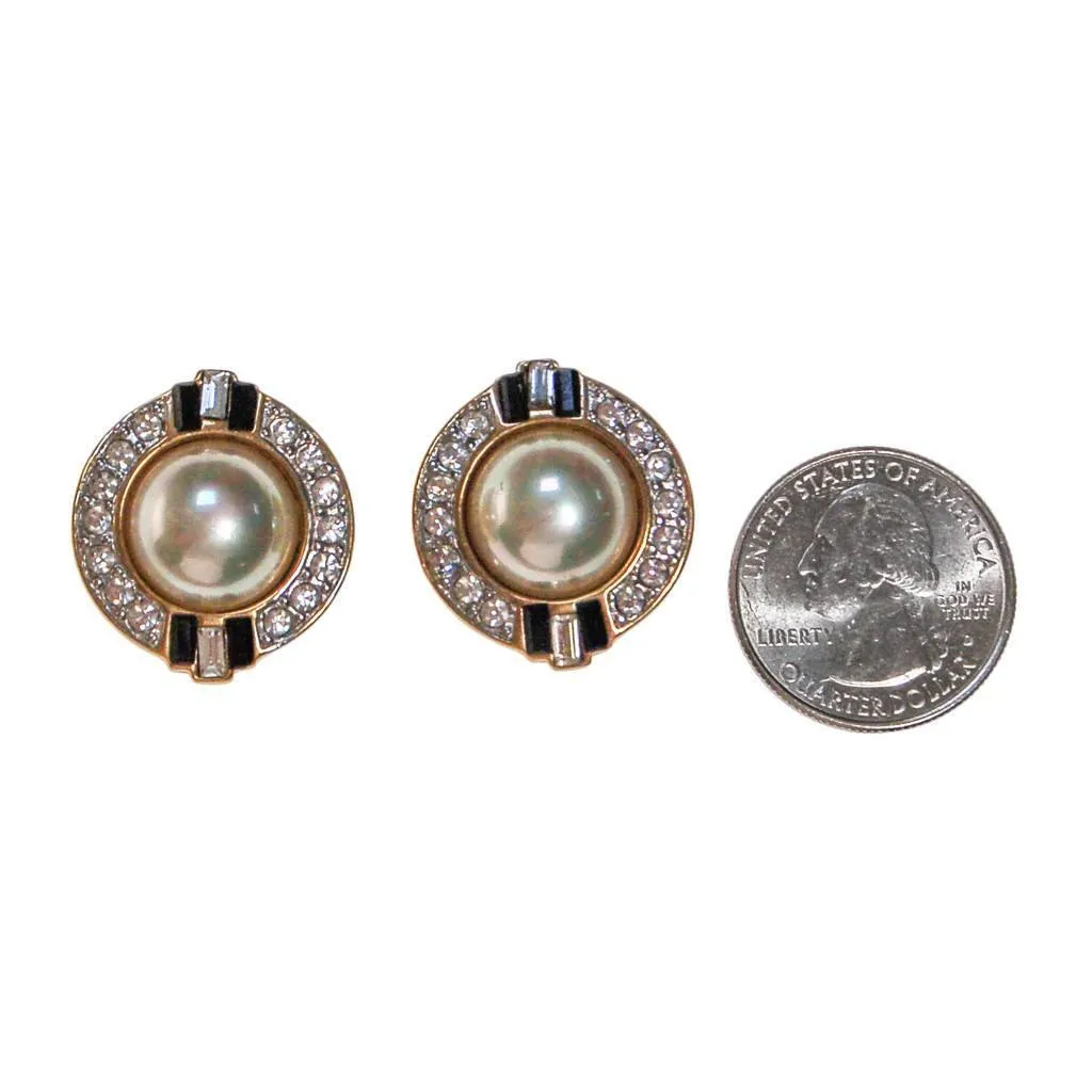 Vintage Carolee Art Deco Revival Pearl, Rhinestone, and Black Enamel Earrings