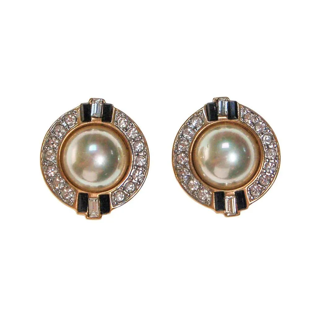 Vintage Carolee Art Deco Revival Pearl, Rhinestone, and Black Enamel Earrings