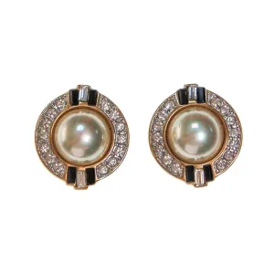 Vintage Carolee Art Deco Revival Pearl, Rhinestone, and Black Enamel Earrings