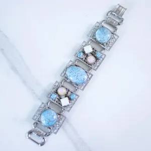 Vintage Chunky Silver Panel Bracelet with Turquoise Art Glass, Dragons Breath, and Opaline Glass Cabochons