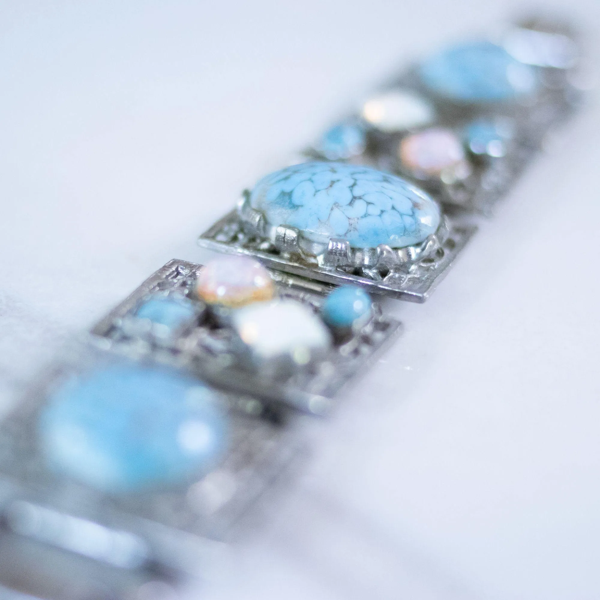 Vintage Chunky Silver Panel Bracelet with Turquoise Art Glass, Dragons Breath, and Opaline Glass Cabochons