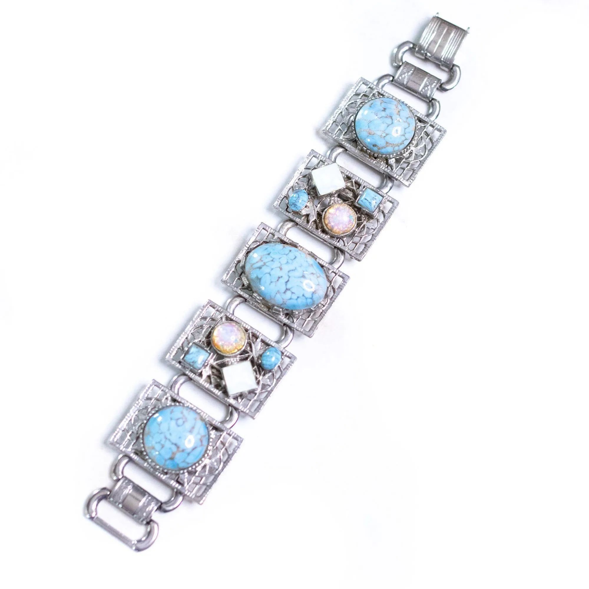 Vintage Chunky Silver Panel Bracelet with Turquoise Art Glass, Dragons Breath, and Opaline Glass Cabochons