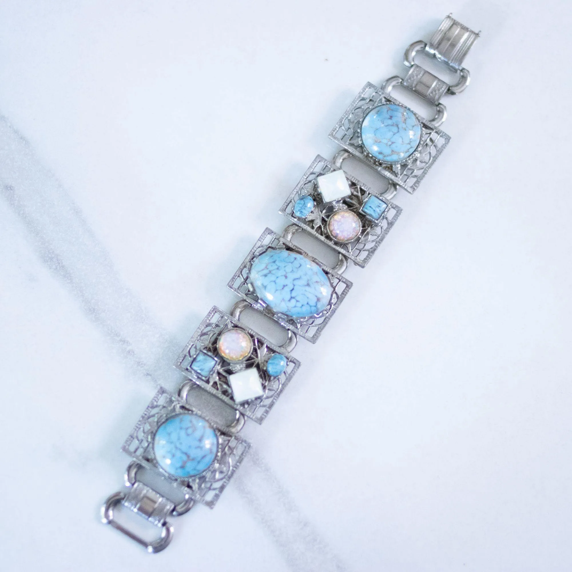 Vintage Chunky Silver Panel Bracelet with Turquoise Art Glass, Dragons Breath, and Opaline Glass Cabochons