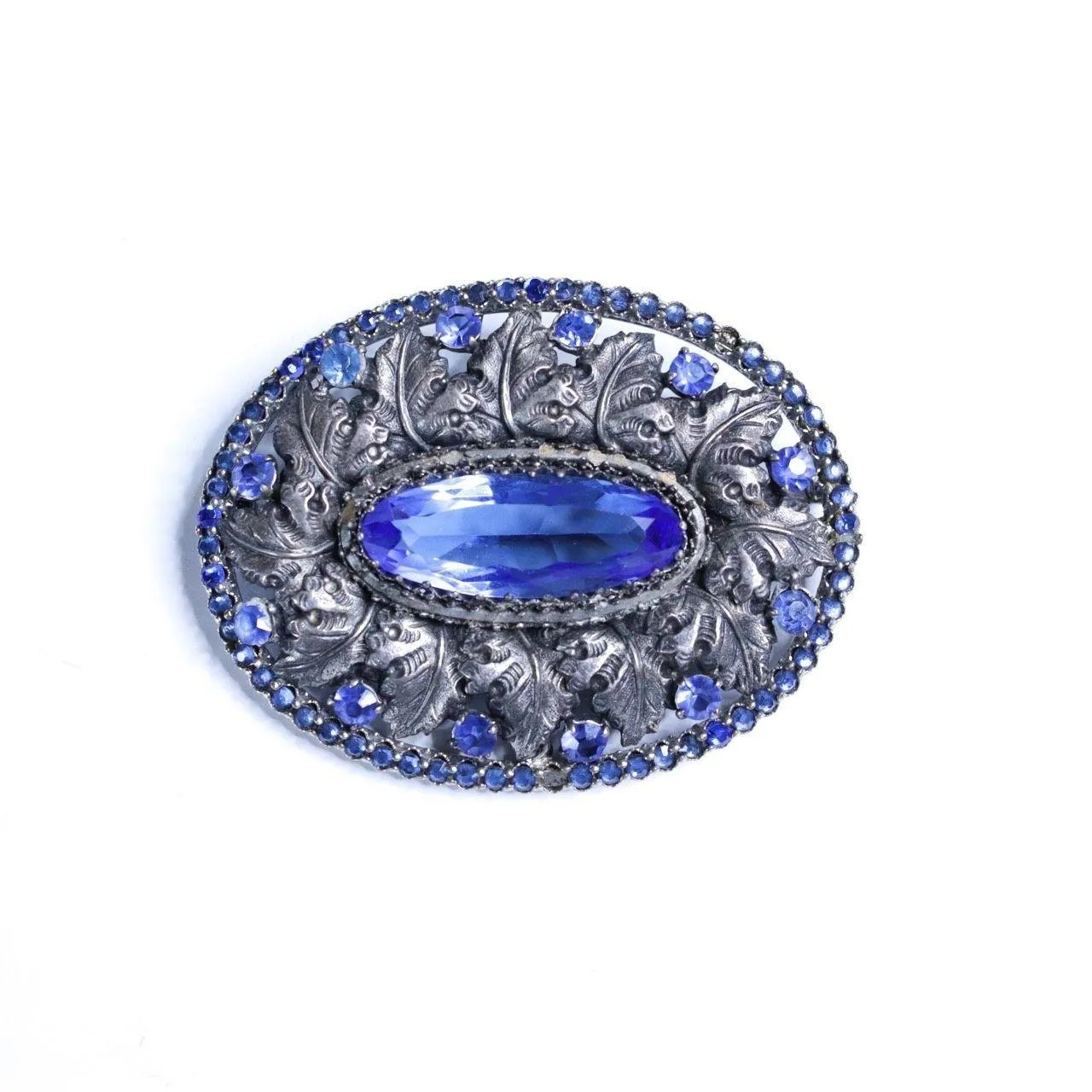 Vintage Czech Blue Crystal and Silver Brooch