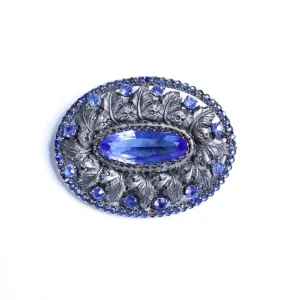 Vintage Czech Blue Crystal and Silver Brooch