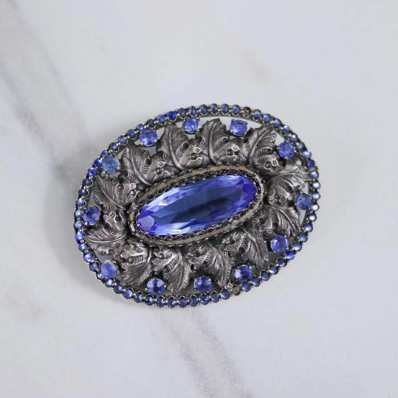 Vintage Czech Blue Crystal and Silver Brooch