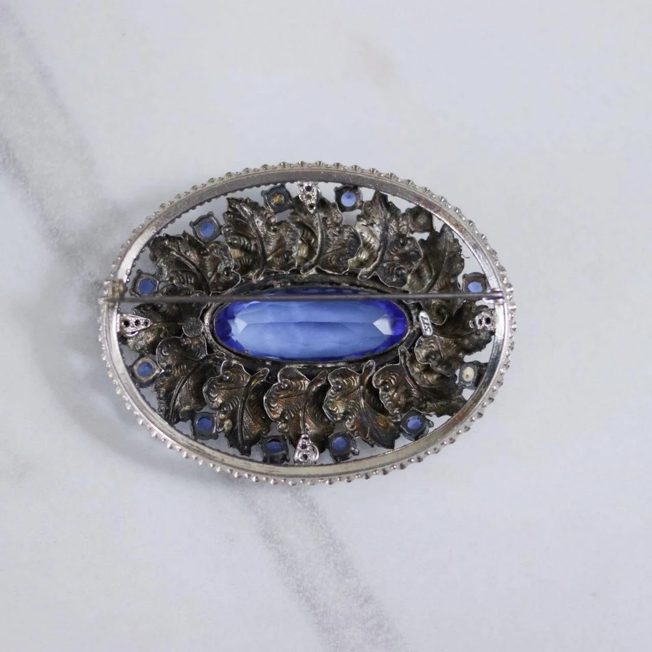 Vintage Czech Blue Crystal and Silver Brooch