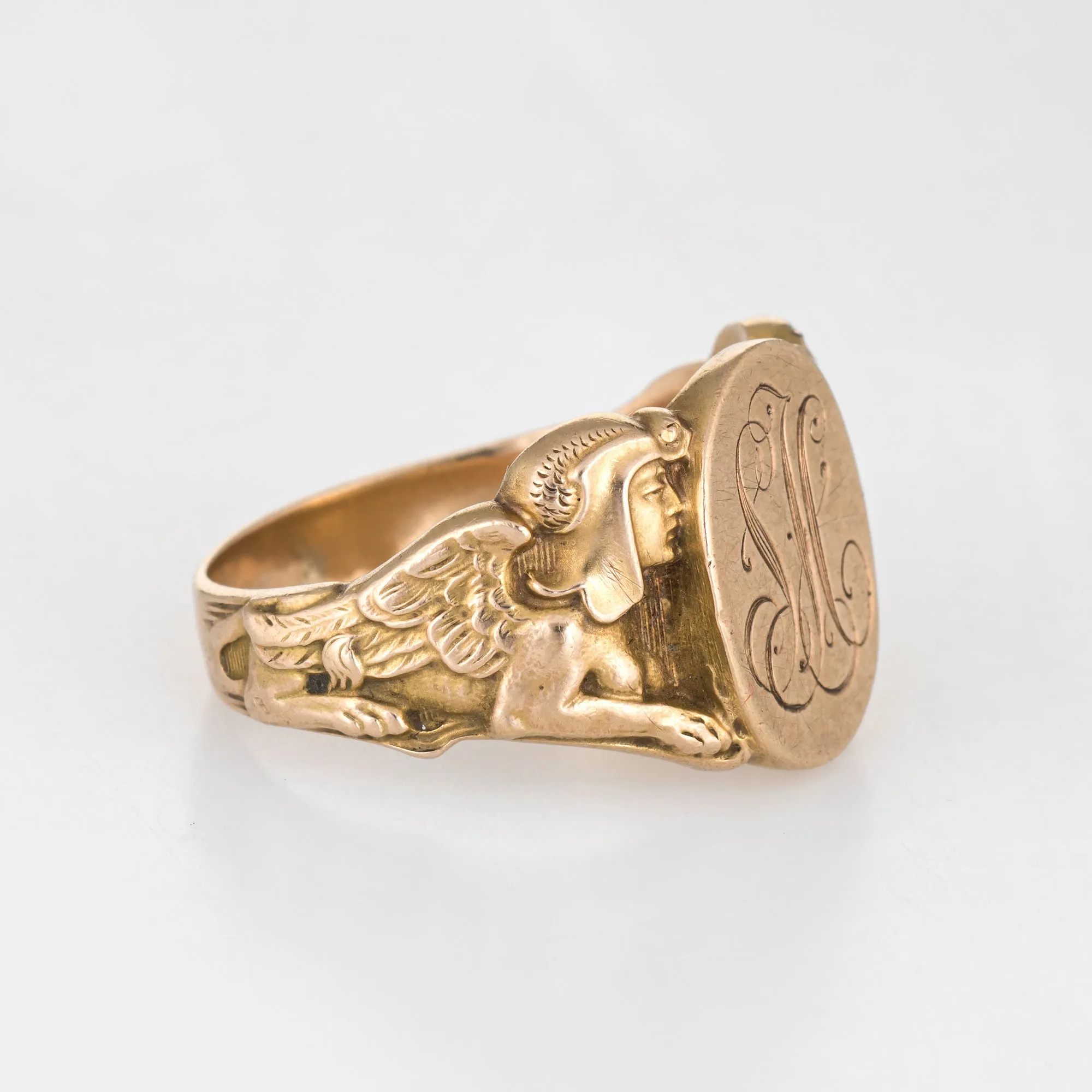 Vintage Deco Signet Ring Egyptian Revival Sphinx Man Lion 14k Gold Sz 10.5 Men's