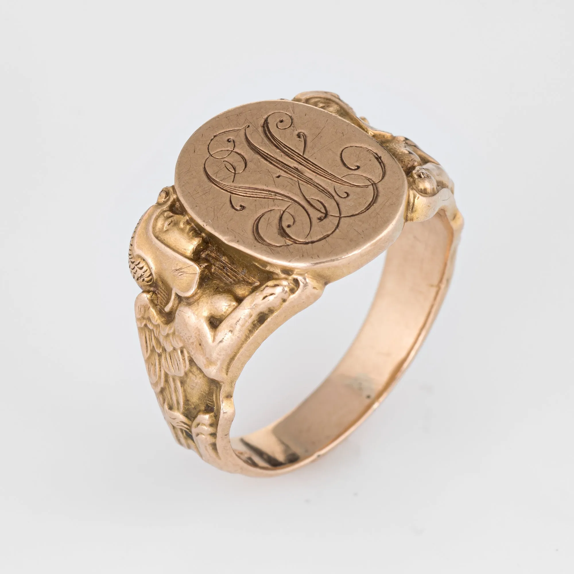 Vintage Deco Signet Ring Egyptian Revival Sphinx Man Lion 14k Gold Sz 10.5 Men's