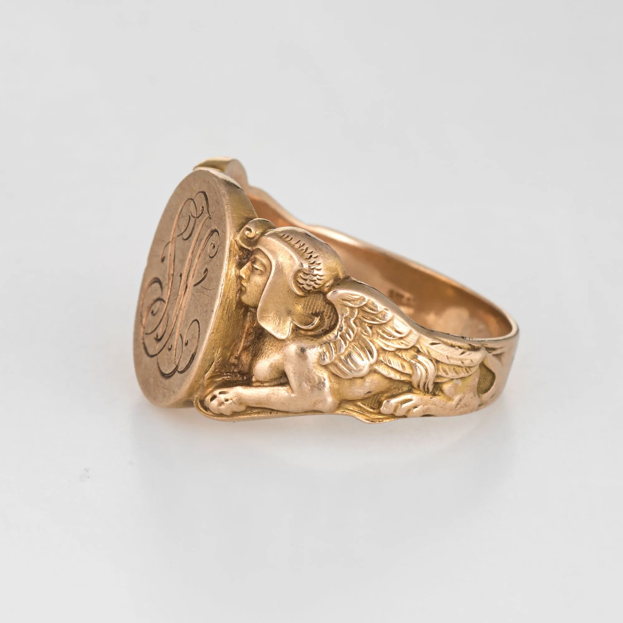 Vintage Deco Signet Ring Egyptian Revival Sphinx Man Lion 14k Gold Sz 10.5 Men's