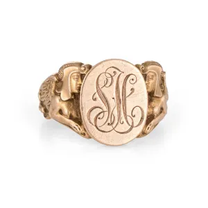 Vintage Deco Signet Ring Egyptian Revival Sphinx Man Lion 14k Gold Sz 10.5 Men's