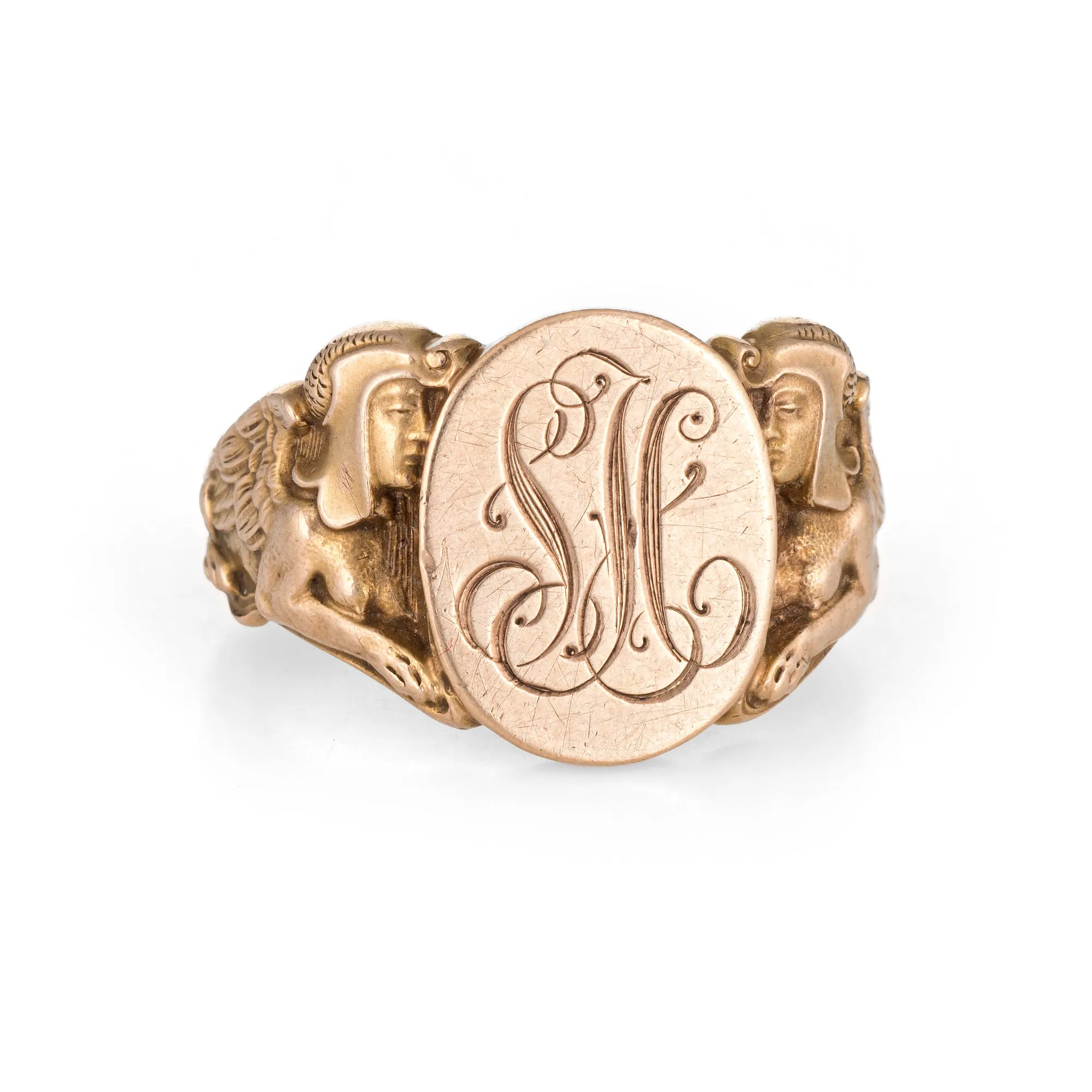 Vintage Deco Signet Ring Egyptian Revival Sphinx Man Lion 14k Gold Sz 10.5 Men's