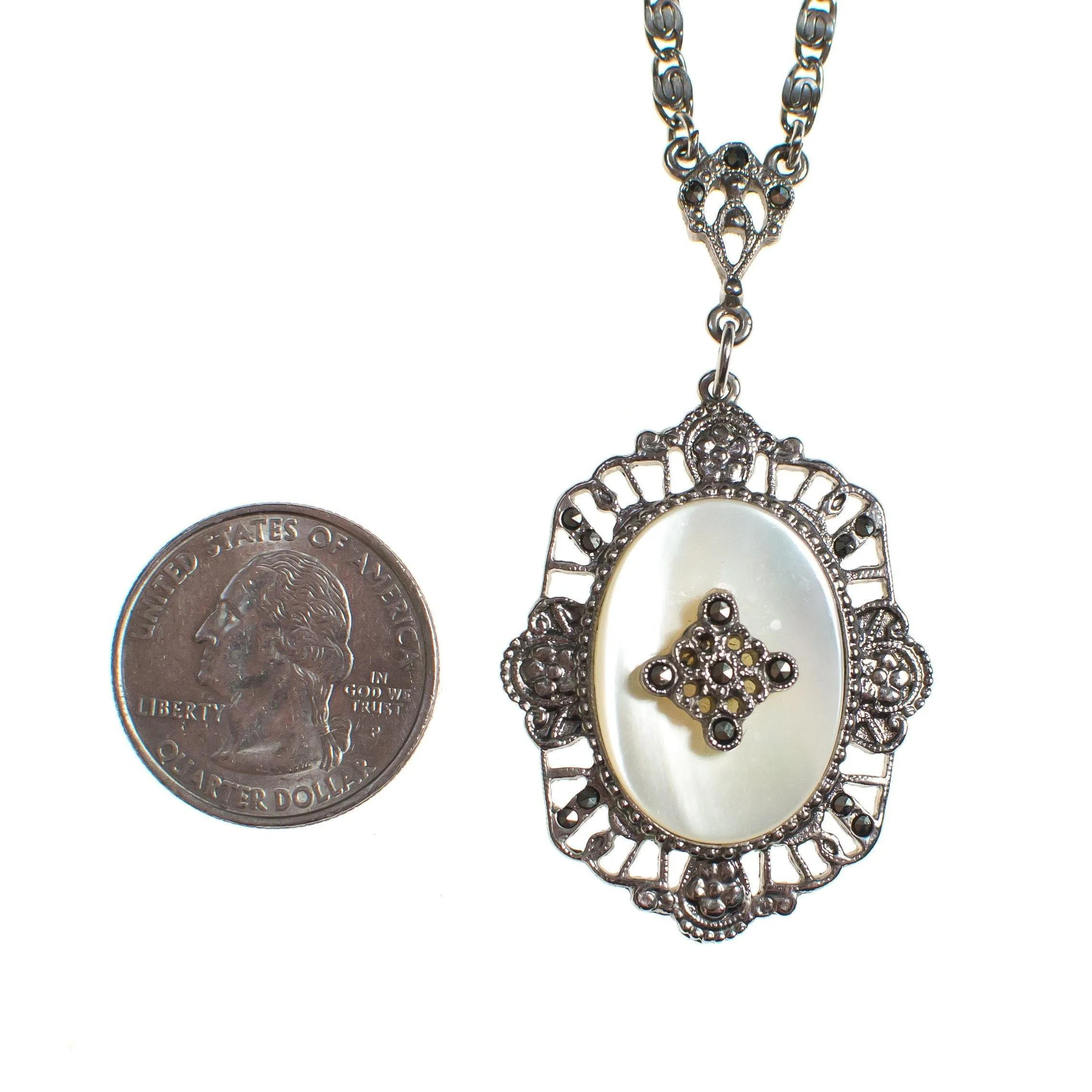 Vintage Edwardian Revival Mother of Pearl Pendant Silver Necklace, Long Pendant Necklace