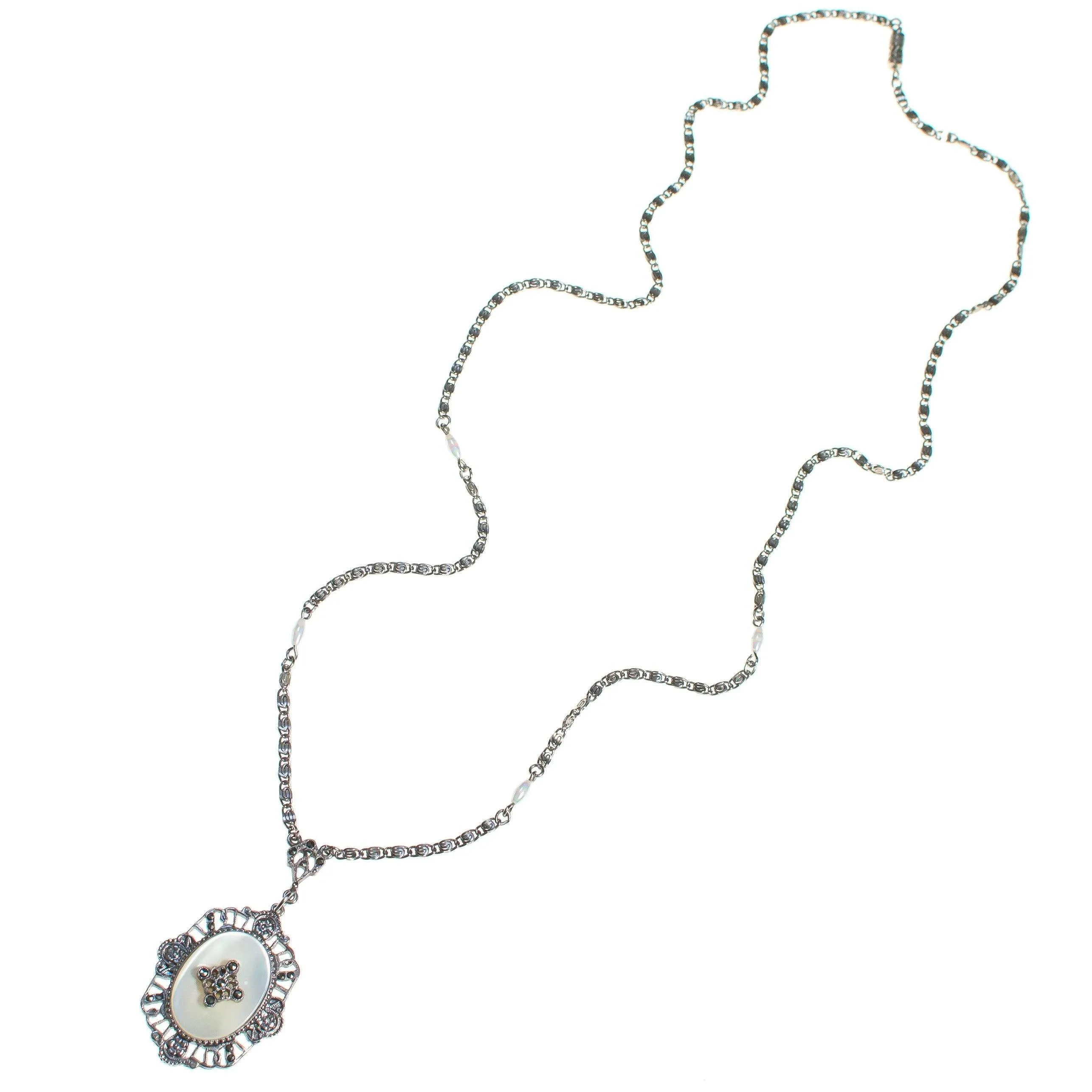 Vintage Edwardian Revival Mother of Pearl Pendant Silver Necklace, Long Pendant Necklace