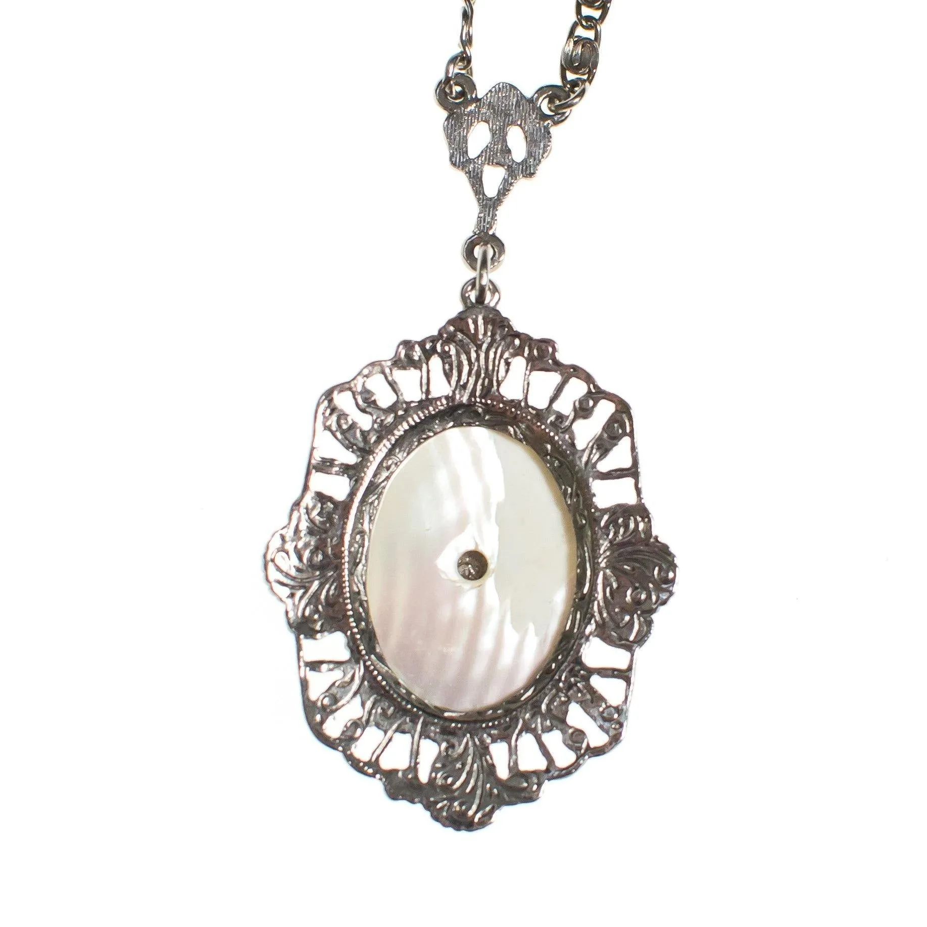 Vintage Edwardian Revival Mother of Pearl Pendant Silver Necklace, Long Pendant Necklace