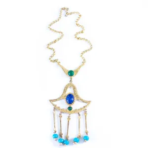 Vintage Egyptian Revival Green, Turquoise, and Lapis Statement Necklace