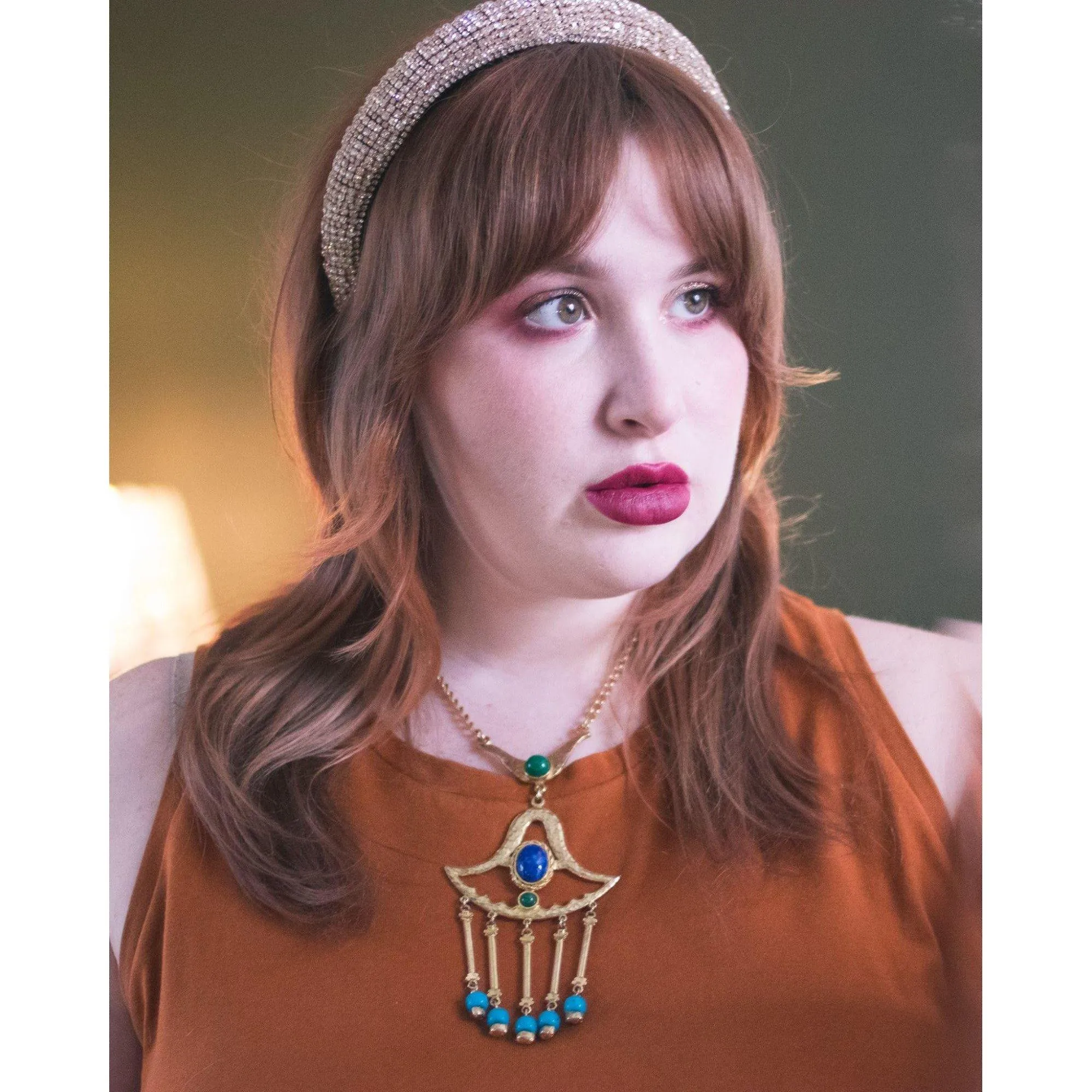 Vintage Egyptian Revival Green, Turquoise, and Lapis Statement Necklace