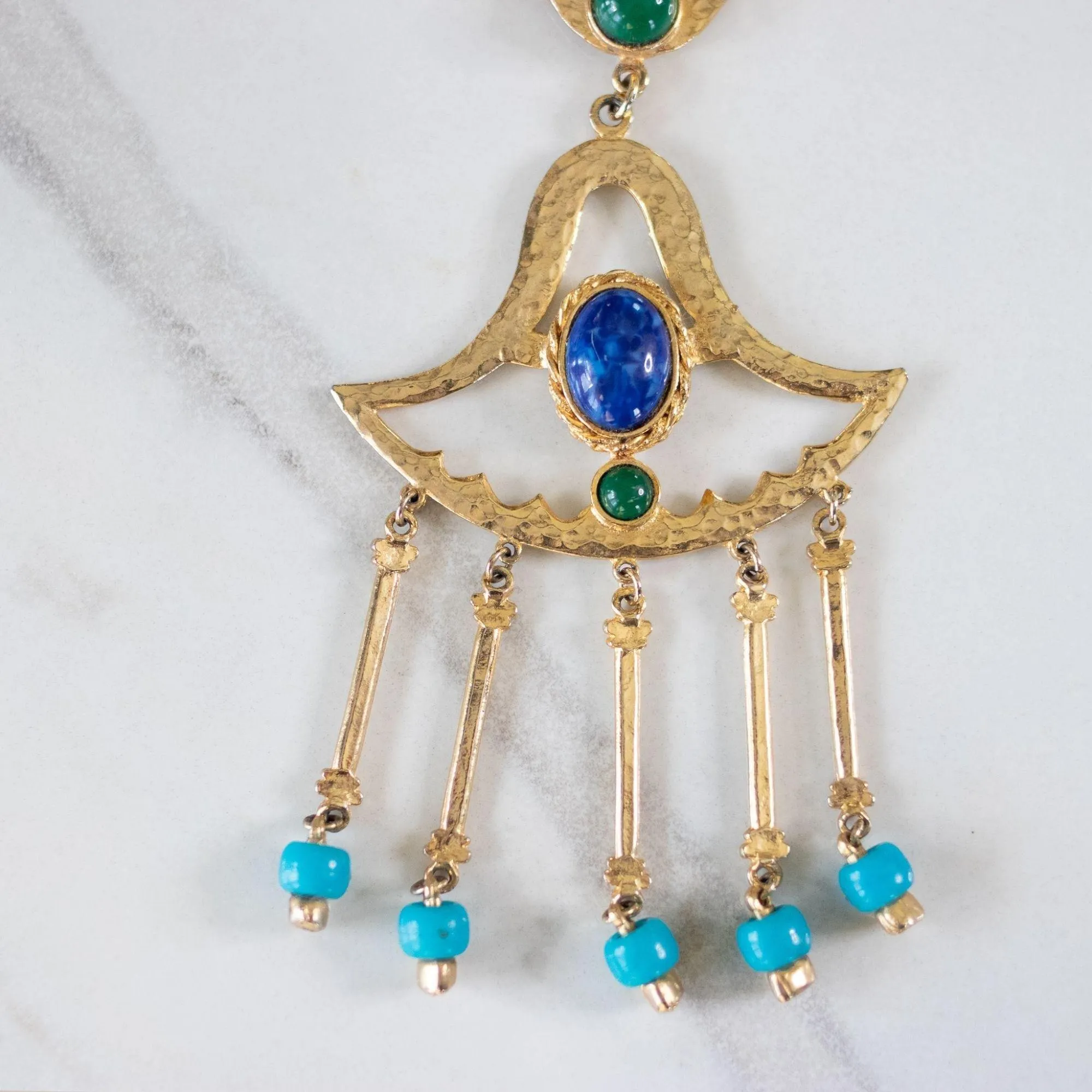 Vintage Egyptian Revival Green, Turquoise, and Lapis Statement Necklace