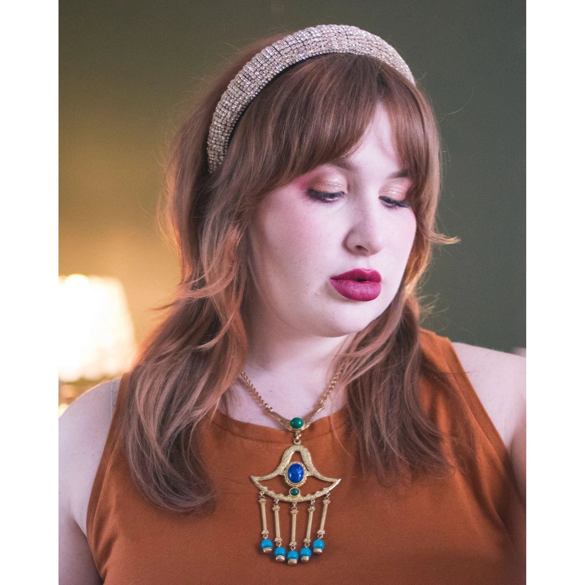 Vintage Egyptian Revival Green, Turquoise, and Lapis Statement Necklace