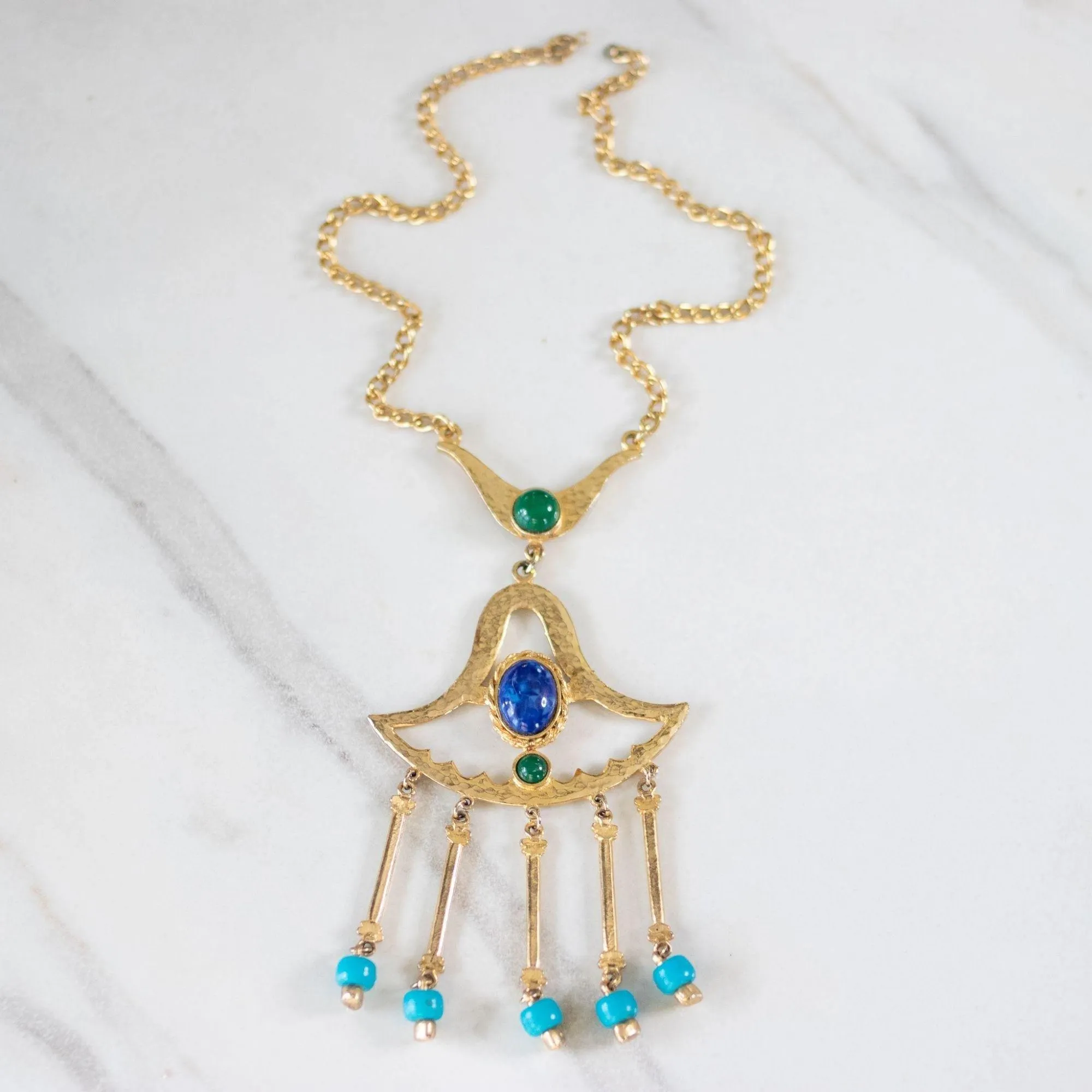 Vintage Egyptian Revival Green, Turquoise, and Lapis Statement Necklace