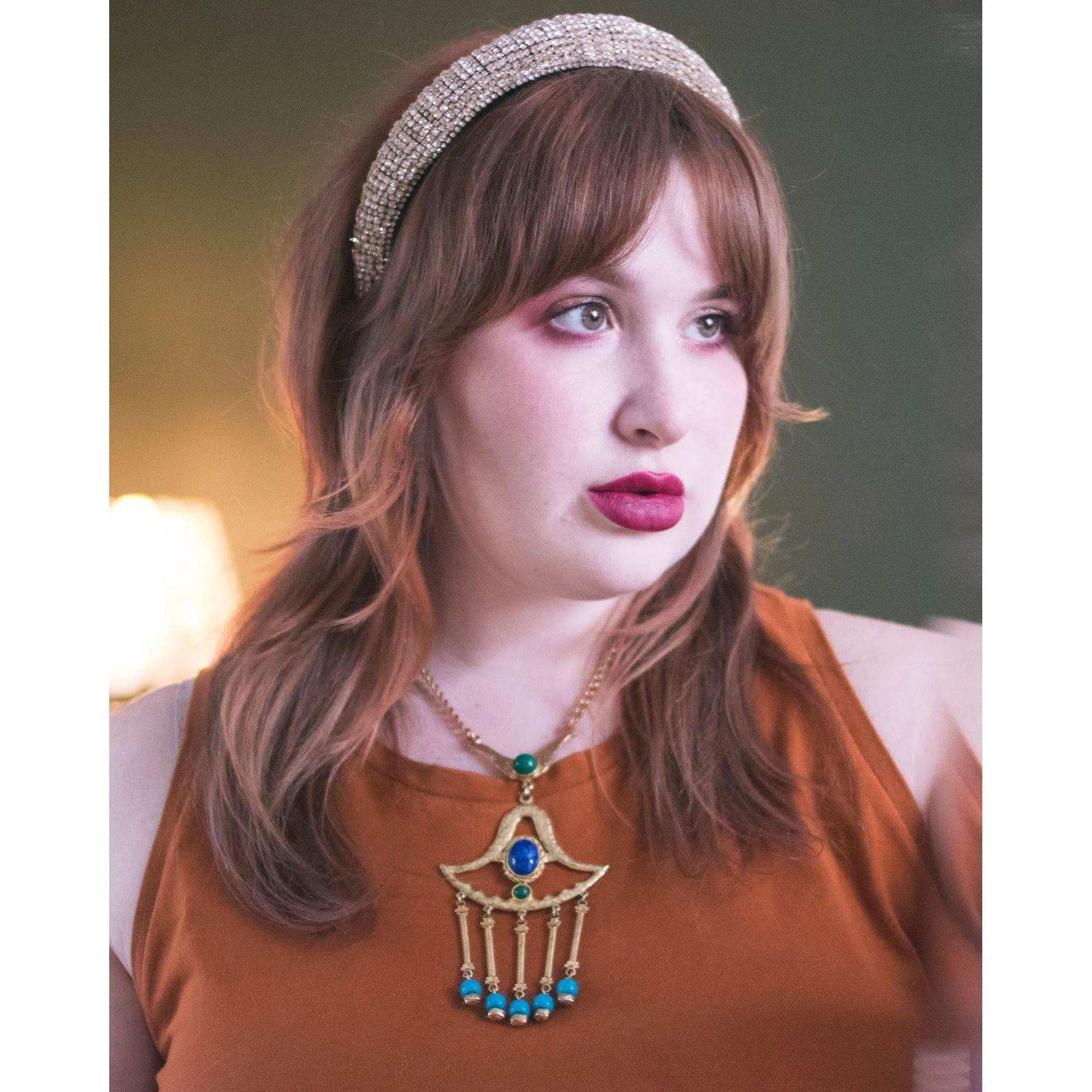 Vintage Egyptian Revival Green, Turquoise, and Lapis Statement Necklace