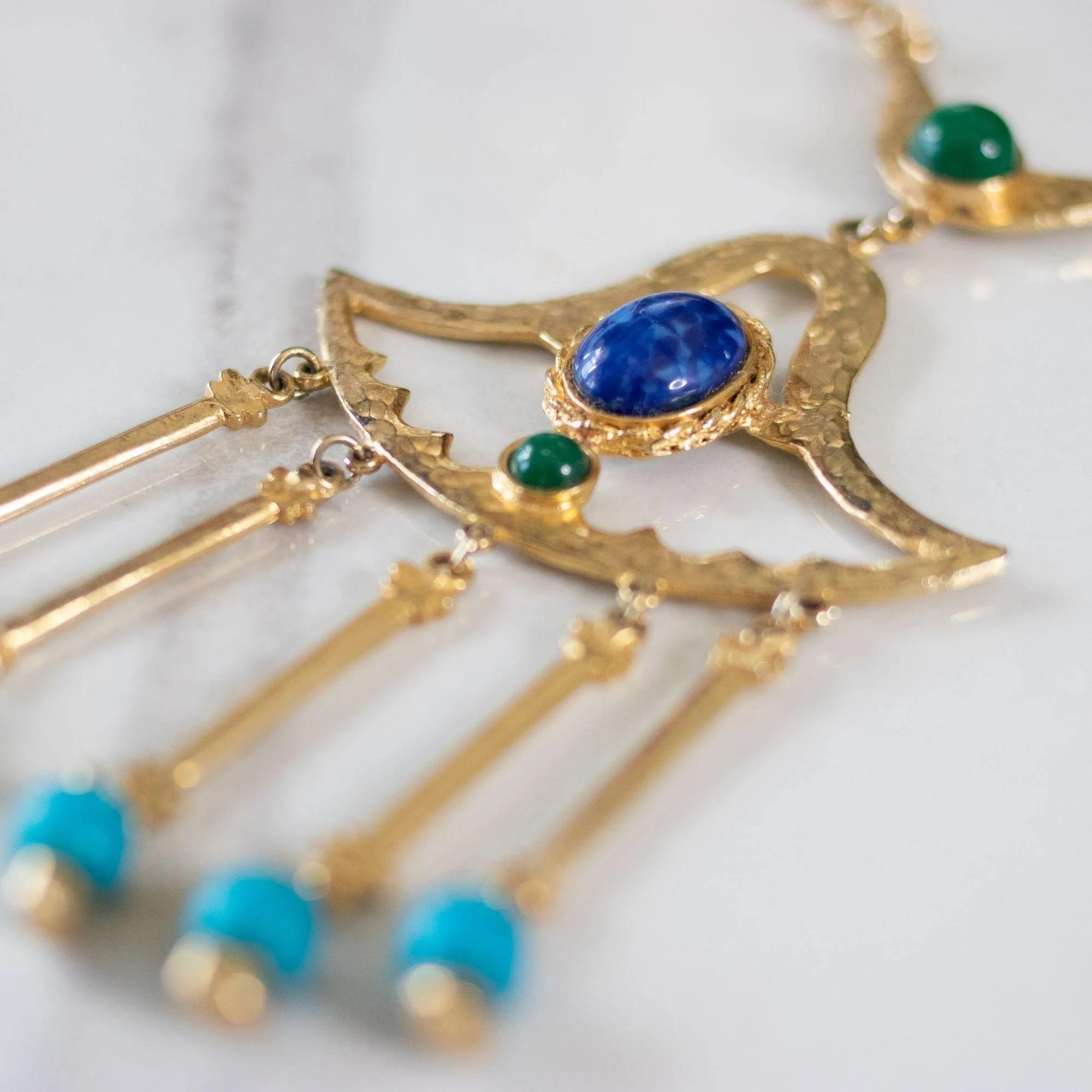 Vintage Egyptian Revival Green, Turquoise, and Lapis Statement Necklace