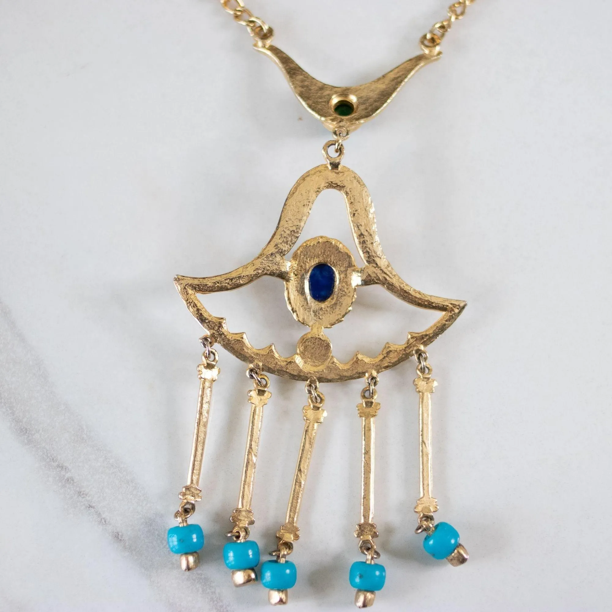 Vintage Egyptian Revival Green, Turquoise, and Lapis Statement Necklace