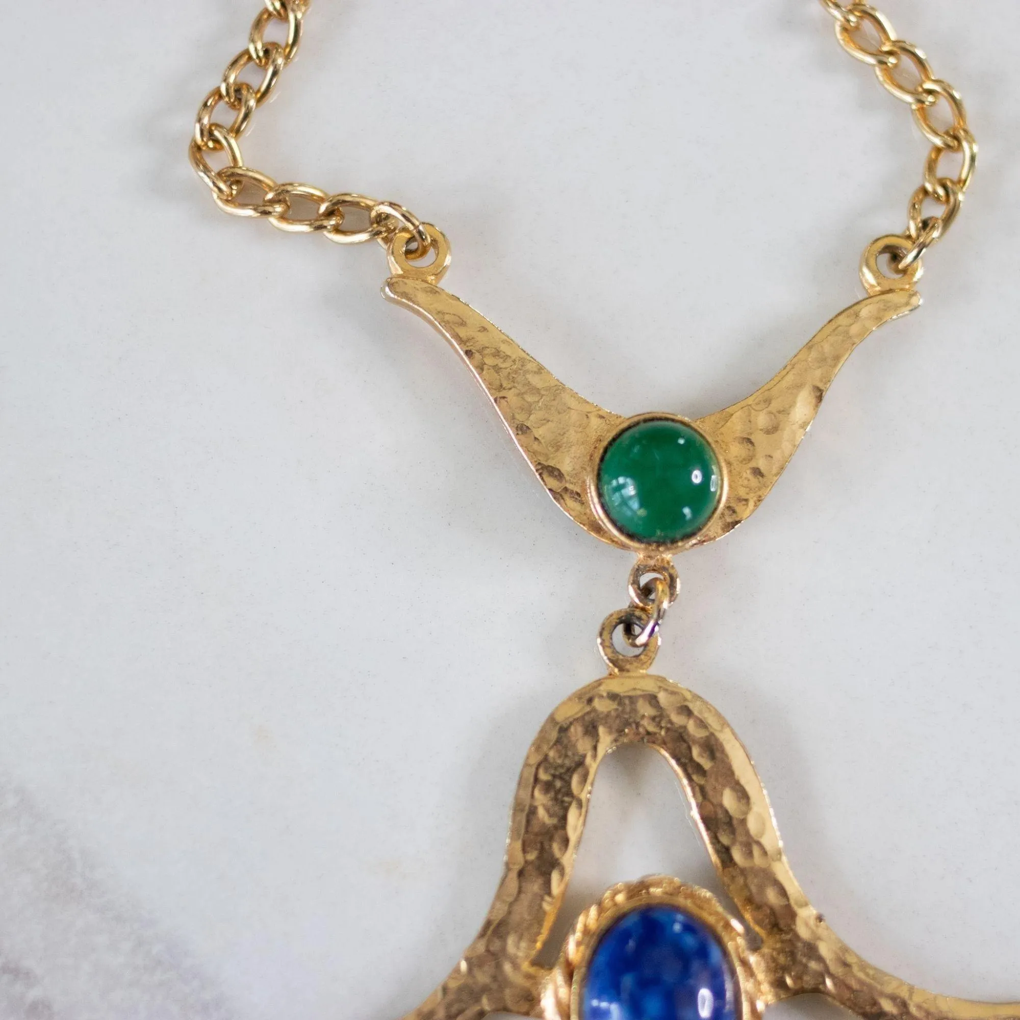 Vintage Egyptian Revival Green, Turquoise, and Lapis Statement Necklace