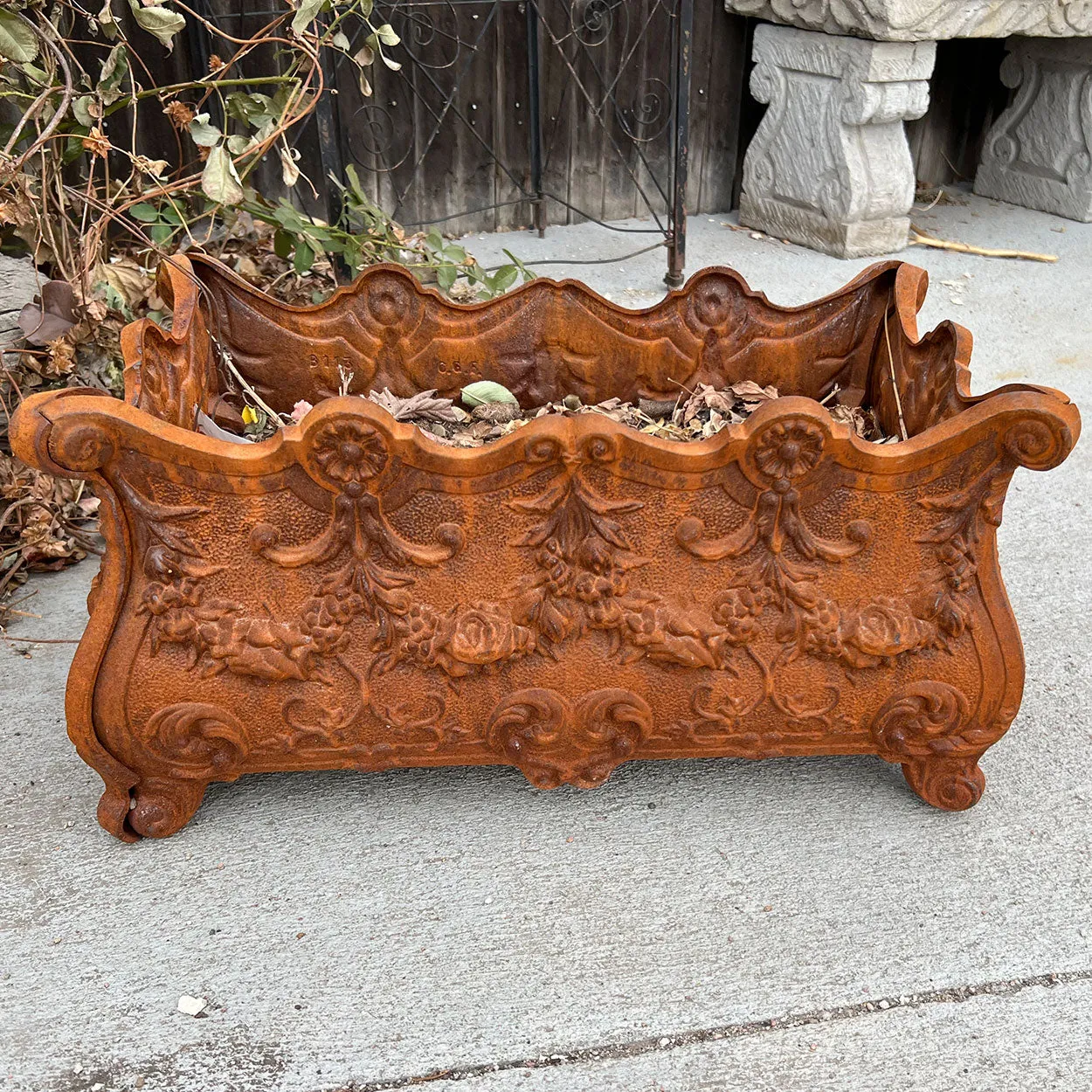 Vintage English C.G.F. Victorian Style Cast Iron Garden Bombe Rectangular Planter