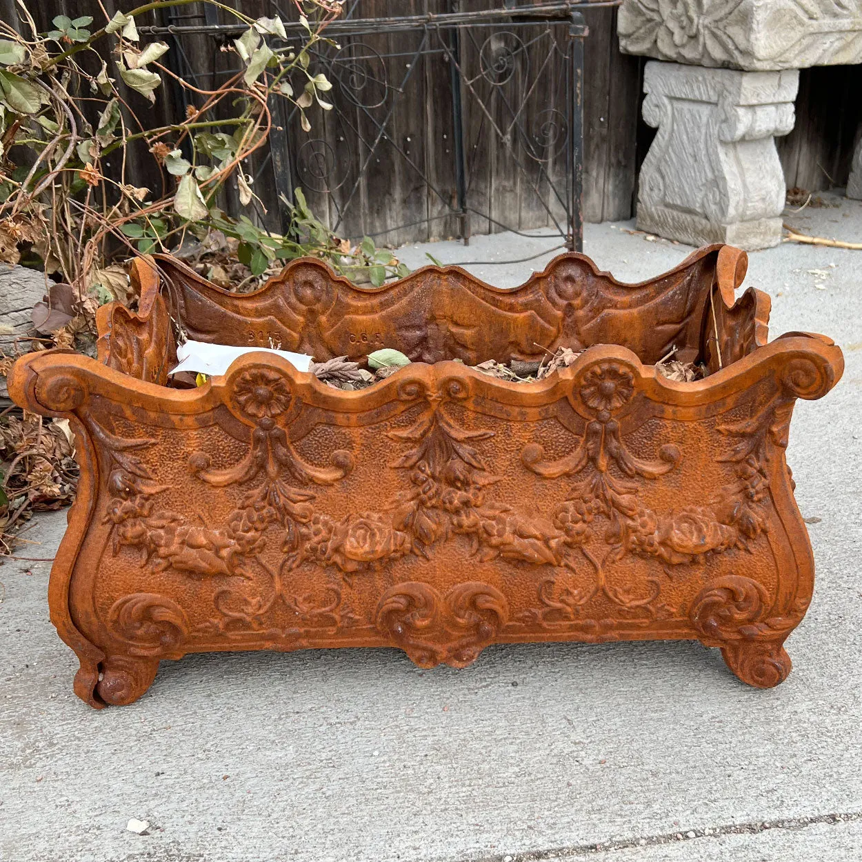 Vintage English C.G.F. Victorian Style Cast Iron Garden Bombe Rectangular Planter