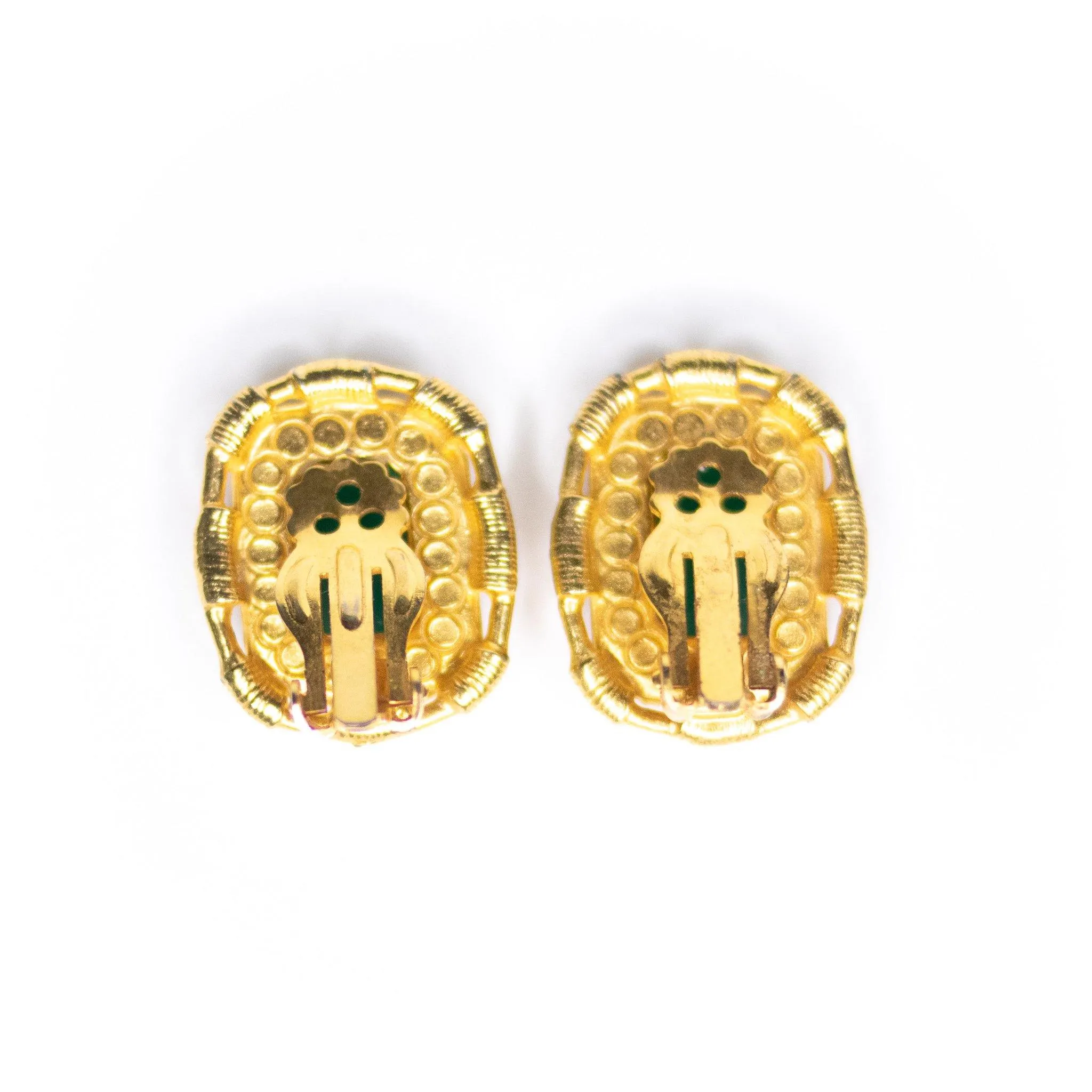 Vintage Etruscan Revival Jade Green Itaglio Style Statement Earrings