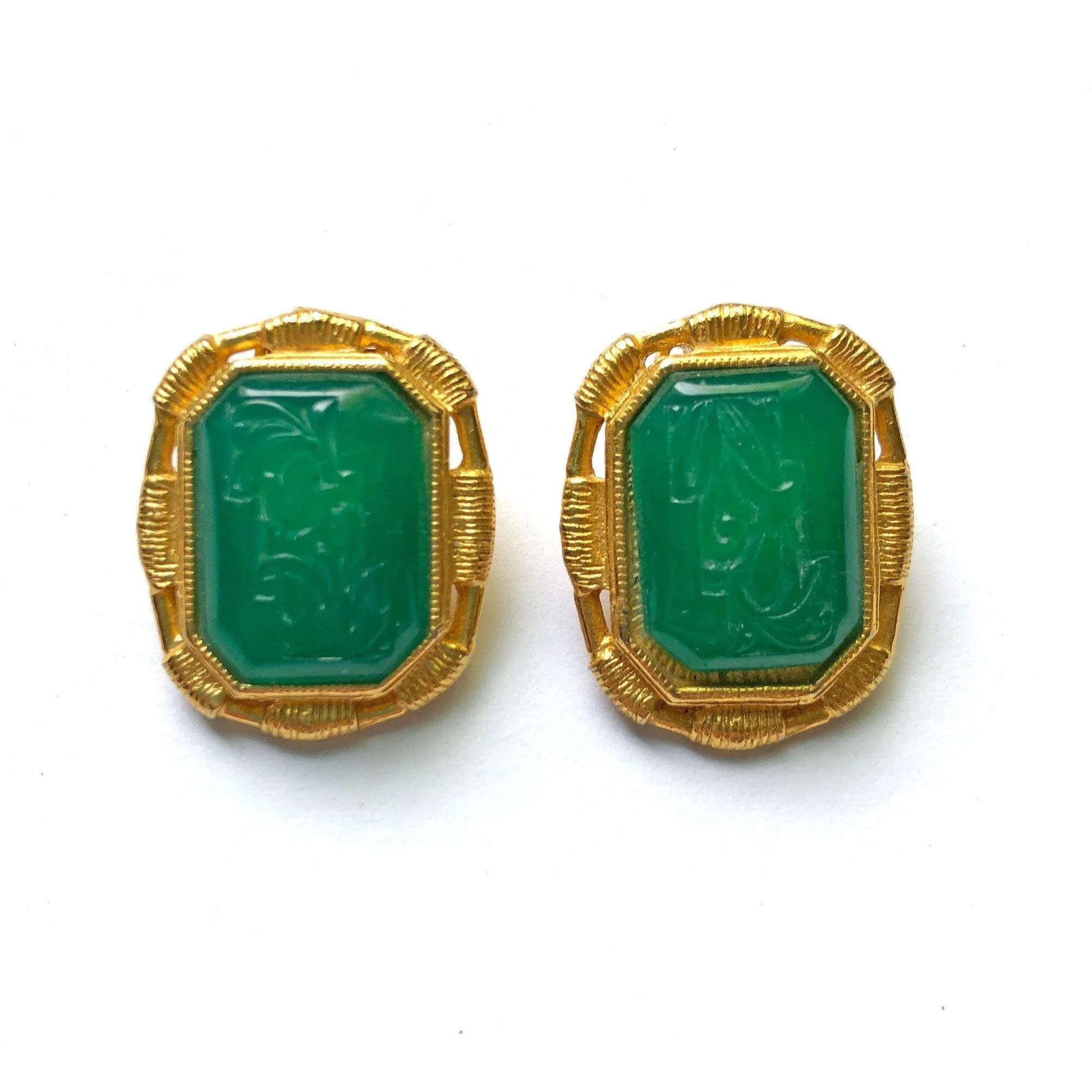 Vintage Etruscan Revival Jade Green Itaglio Style Statement Earrings