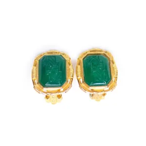 Vintage Etruscan Revival Jade Green Itaglio Style Statement Earrings