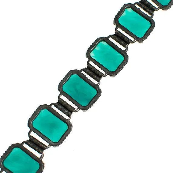 Vintage Faux Jade Glass Cabochon Panel Bracelet Book Chain Setting in Antique Silver Tone