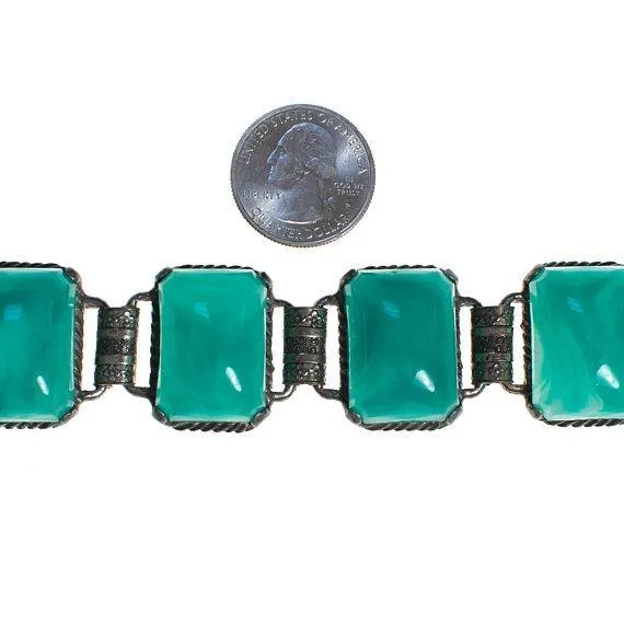 Vintage Faux Jade Glass Cabochon Panel Bracelet Book Chain Setting in Antique Silver Tone