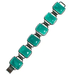 Vintage Faux Jade Glass Cabochon Panel Bracelet Book Chain Setting in Antique Silver Tone
